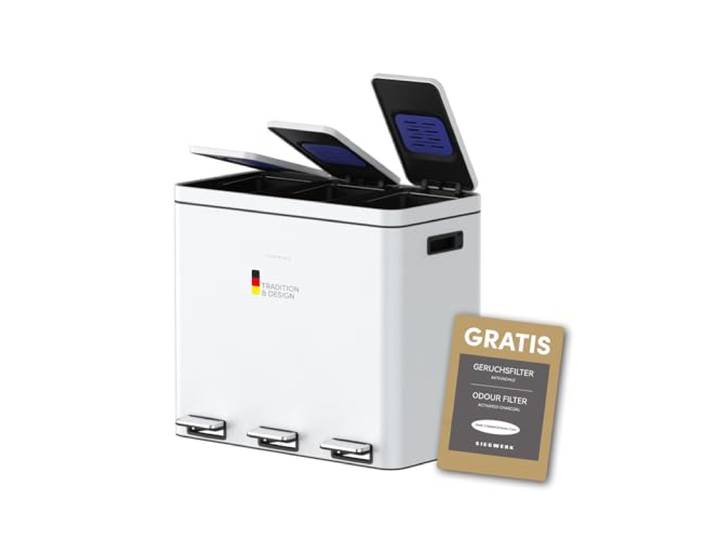 SIEGWERK - Kolekto 3 - Design Mülleimer - Mülltrenner - extra stabil - neutralisiert Gerüche - Soft Close - 3x18l - weiss - Pure snow