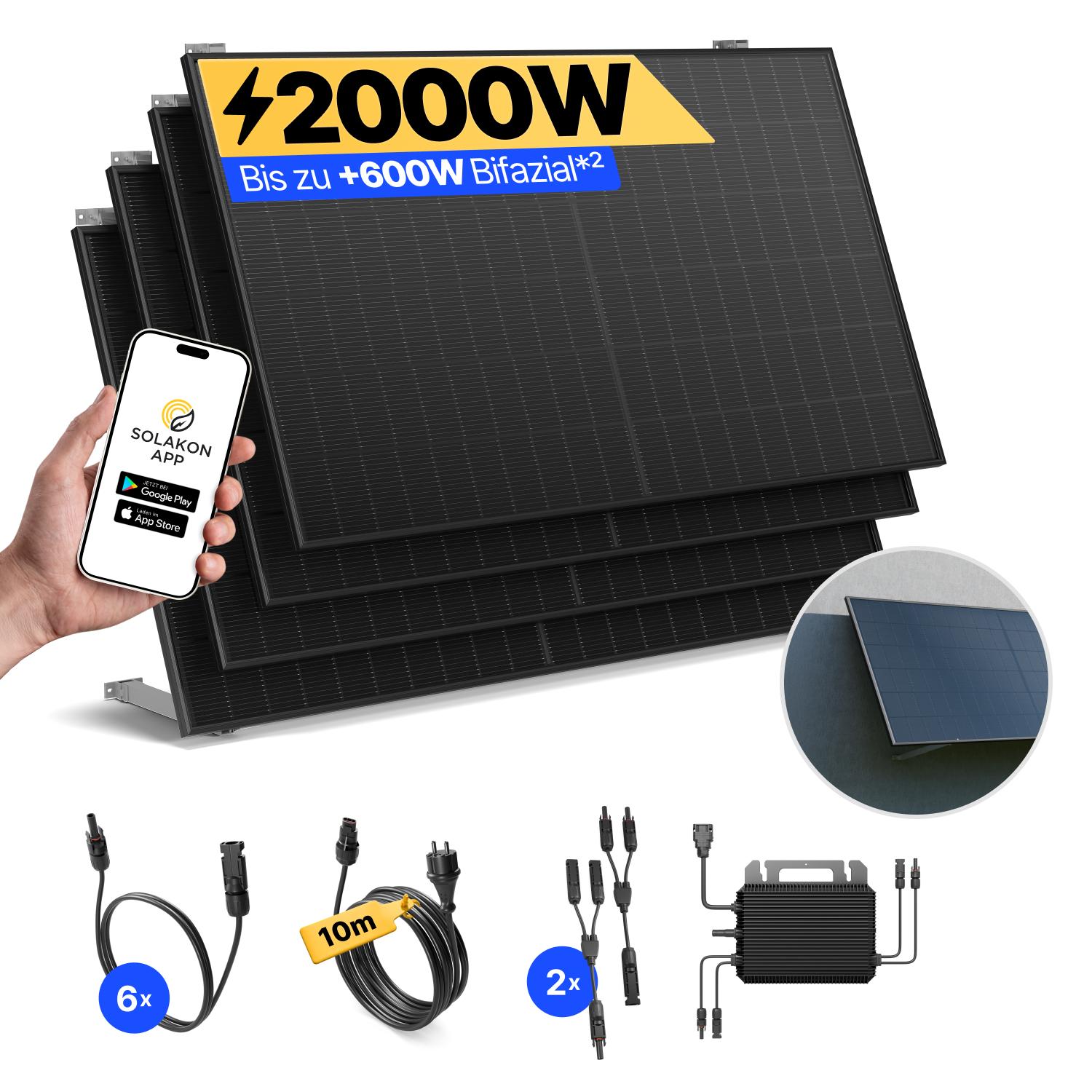 Balkonkraftwerk 2000W Solaranlage mit Wand/Gartenhaus Halterung Steckerfertig Komplettset Photovoltaik Anlage 800W, Kabellänge: 10m, Solakon - onPower