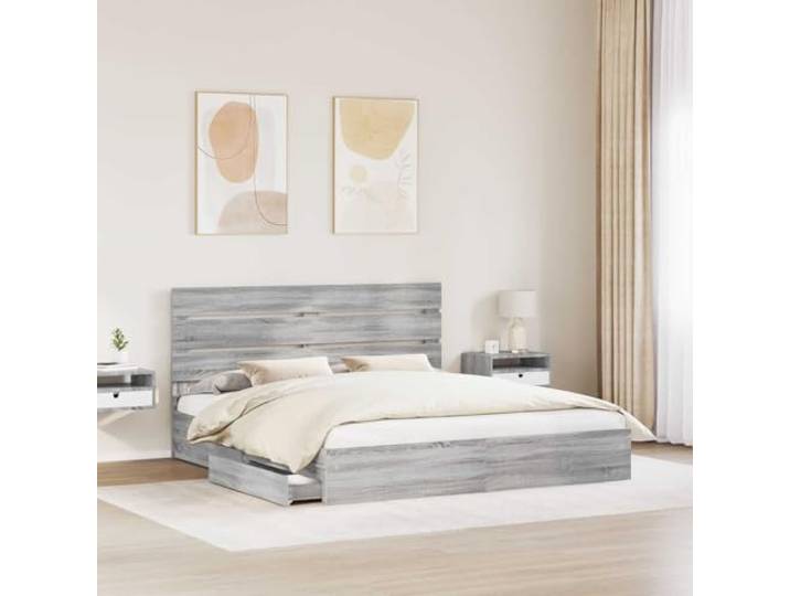 KTHLBRH Boxspringbett Grau Sonoma 200 x 200 cm Technisches Holz, mit Schubladen, Kopfteil im Lieferumfang enthalten, einfache Montage