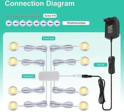 Uplift Picks Round 12V LED Under Cabinet Light Kit With Switch And Power Adapter 8 Lamps In 1 Kit uk Adapter white