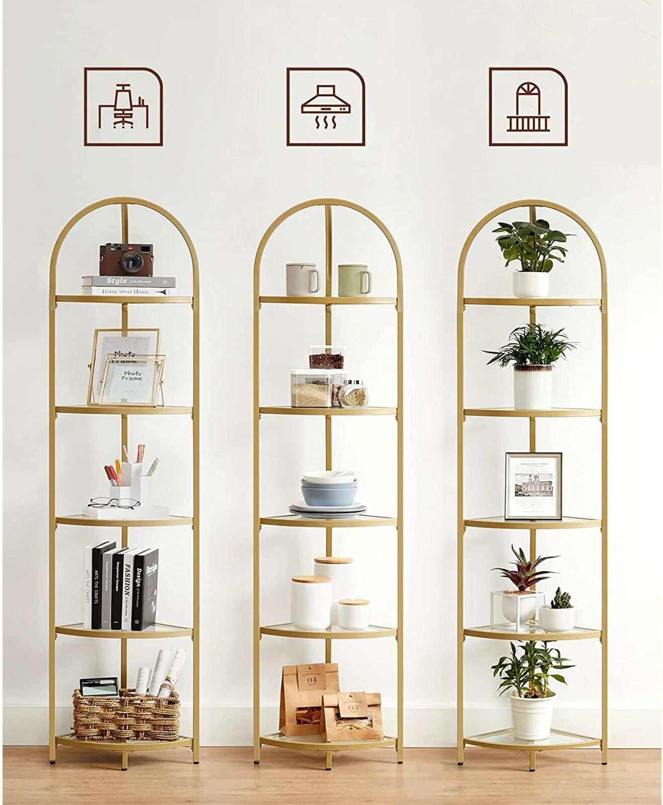 Wandregal VASAGLE "VASAGLE Regal Gold", gold (goldfarben), B:28cm H:158cm T:28cm, Eisen, Glas, Regale, Wandregal goldfarben B/H/T: 28cm x 158cm x 28cm