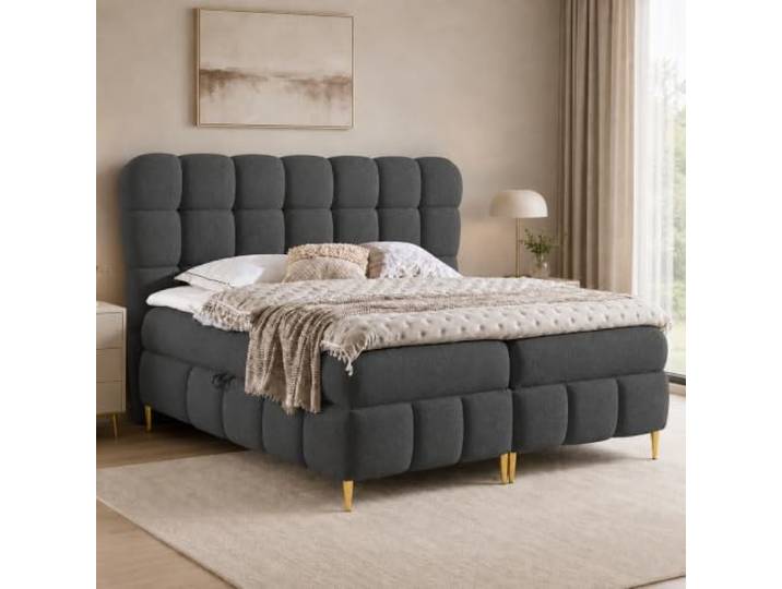Home Collective Elegantes Polsterbett aus Strukturstoff mit Karosteppung, goldenen Metallfüßen, Stauraum und Taschenfederkern. Doppelbett.