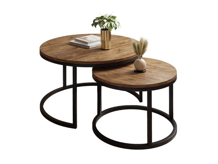 ALLHOUSE24 Couchtisch runder Sofatisch 2 in 1 LOFT Metall Gestell Tisch Ø 80/60 (2er Set), Ø80/Ø60 cm
