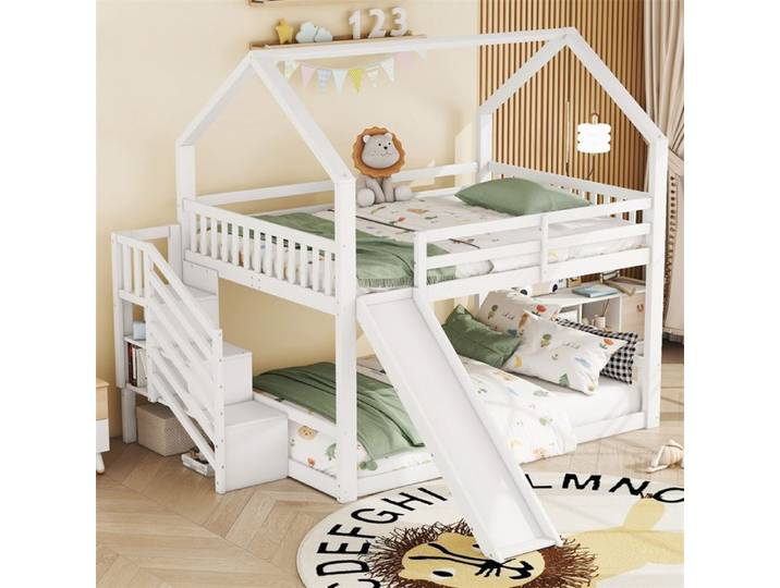 DRIPEX Lit superposé 140x200cm avec escalier de rangement et toboggan Lit maison avec barrière de sécurité Blanc