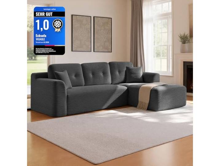 VASAGLE Ecksofa, Keine Montage erforderlich, modulares Sofa, 244 cm breit Schlafsofa, vakuumverpackt, mit großer Chaiselongue rechts, für Wohnzimmer, schiefergrau, LCS184GN01