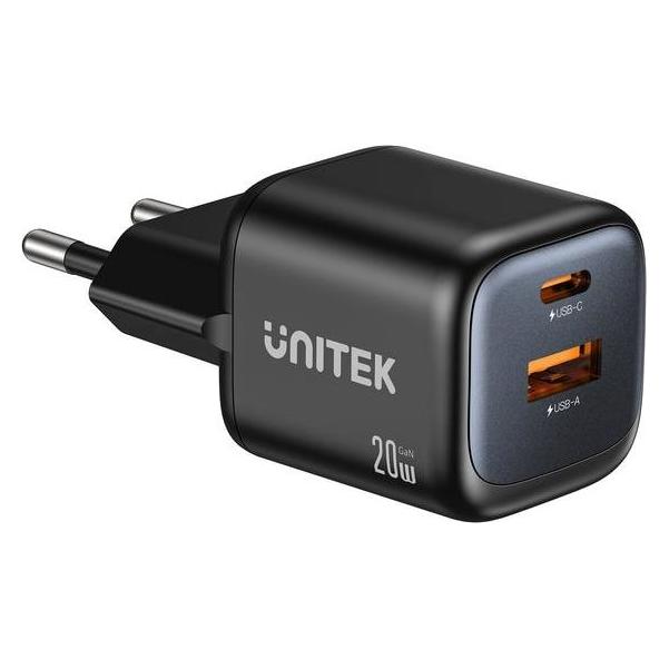 Unitek ładowarka Sieciowa 2x Gan USB-C & USB-A 20w Czarna (20 W, 2 Ports) (P1128ABK01-EU)