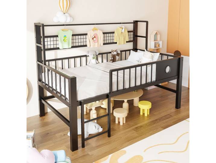 Lit mezzanine bas enfant 90×200cm aveccompartiments de rangement cadre en métal Noir