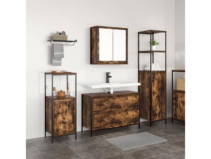 HEFZGDB 3-TLG. Badmöbel-Set Räuchereiche Holzwerkstoff mit 4 Türen und 3 Utility-Regalen, Modernes Badezimmermöbel für Stauraum und Organisation, Stabiler Schrank aus Holzwerkstoff