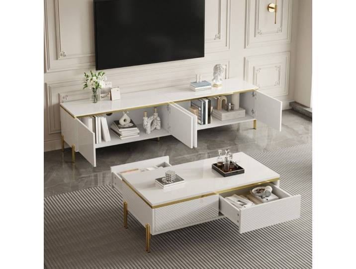 LPOSPI Ensemble meuble tv et table basse - avec 2 tiroirs et espace de rangement pour salon en panneaux de particules blanc