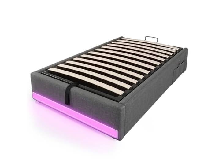 SOFTWEARY Futonbett mit LED-Beleuchtung, Aufbewahrung und Mehrfachsteckdose, Einzelbett, Stauraumbett ohne Kopfteil, Leinen (grau, 90x200 cm)