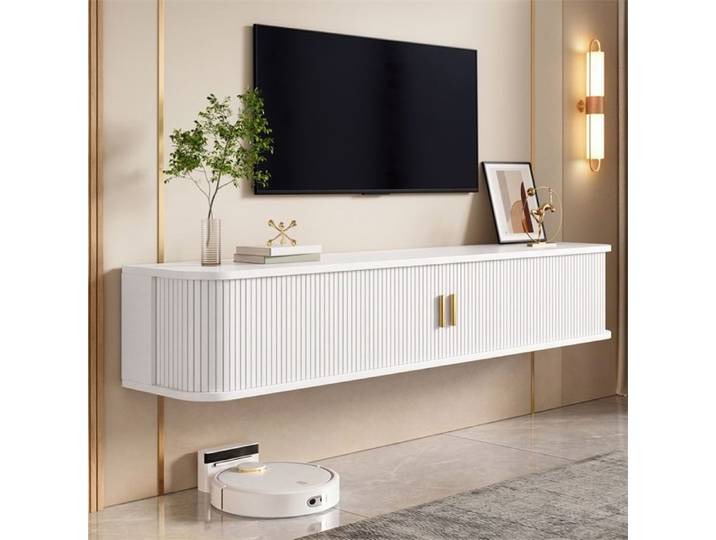 Meuble TV mural 175 x 30 x 30 cm - Meuble TV suspendu avec LED et façade rainurée - Blanc