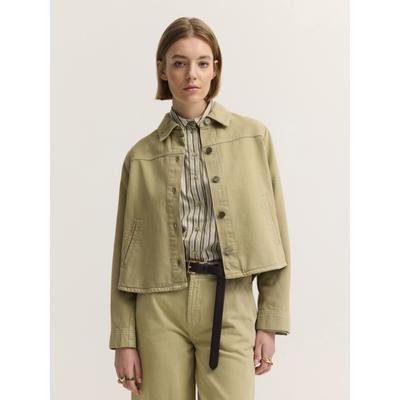 Jeansjacke BUGATTI "Loose Fit", Damen, Gr. 40, beige (160, oliv), 66% Baumwolle, 34% Lyocell, unifarben, loose fit, Jacken Jeansjacke, Loose Fit Baumwolle Lyocell Hemdkragen