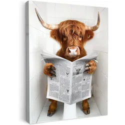 LEINWANDBILD Schottischer Highlander - Tier - Zeitung - Toilette Wandbild Wohnzimmer 50x70 cm