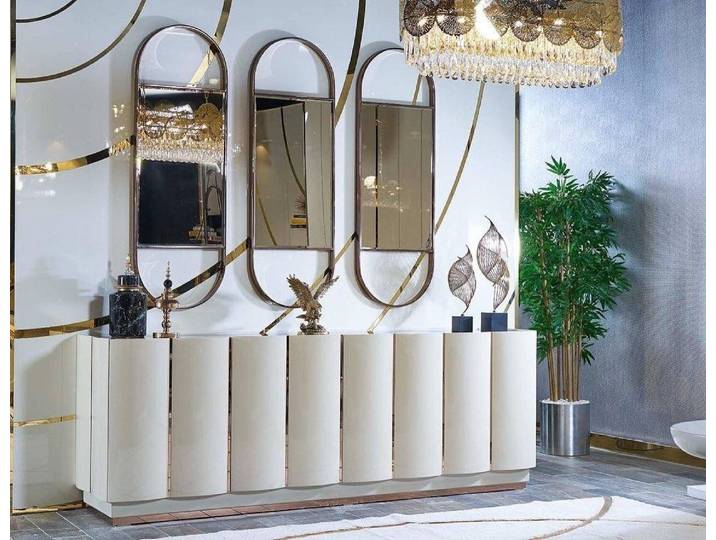 Xlmoebel Sideboard Moderne Anrichte aus Holz und Metall mit weißem Spiegel (Anrichte + Spiegel, Anrichte + 3x Spiegel), Hergestellt in Europa