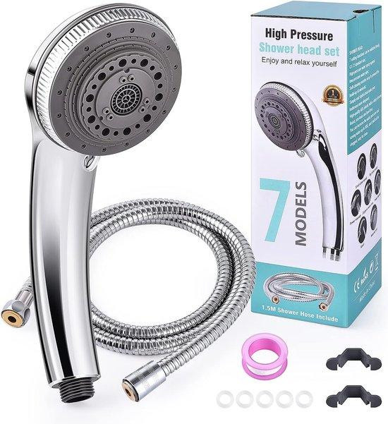 Unyqoos Handdouche-set met 7 straalstanden en 1,5 meter roestvrijstalen slang, chroom
