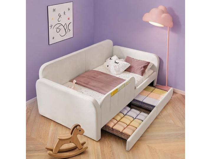 Lit enfant en velours soft white 90x200 cm Beds and Frames and combining 214 x 104 x 80 in and White Velvet