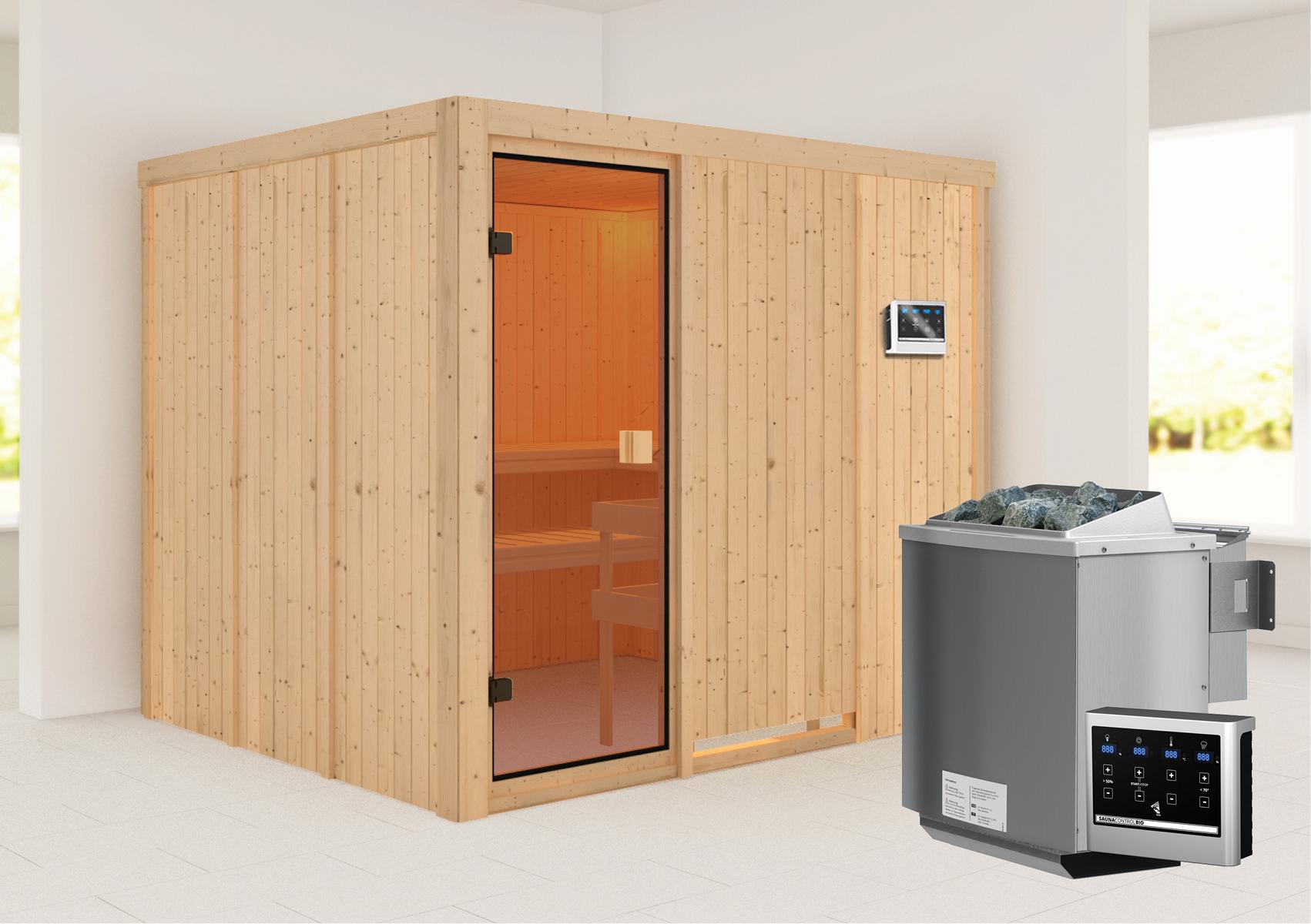 KARIBUHOLZT Sauna Nybro Front, 9kW Bio ext. Strg bronz.GGT 16880396