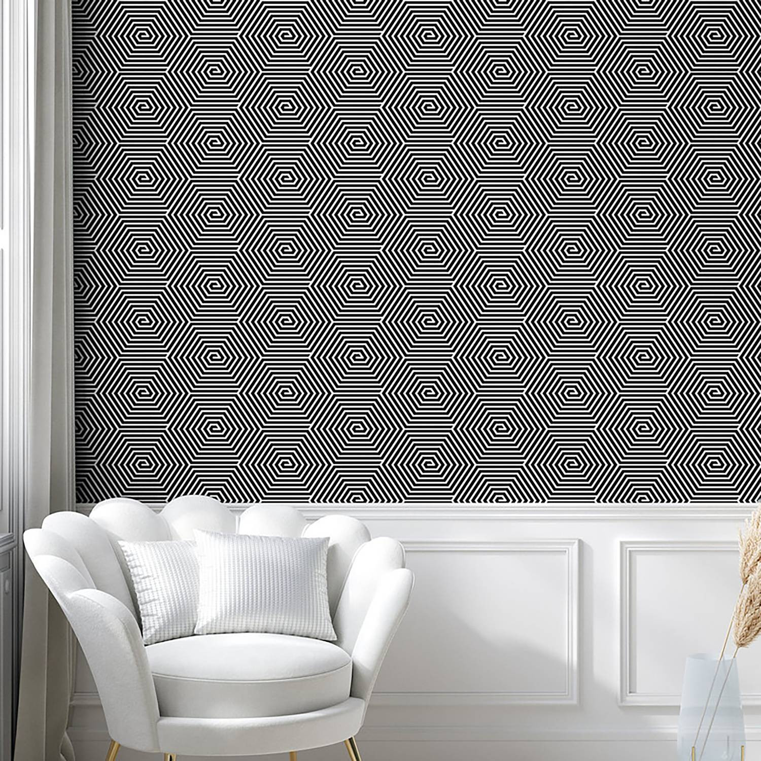 home24 Behang Black and White Spiral, geometrisch en abstract design, 250 cm