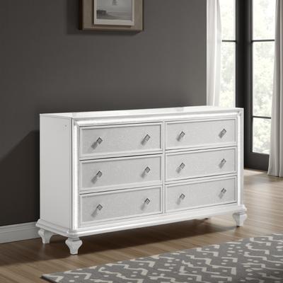 Benjara Stacy Wide Dresser with 8 Drawers and LED Lights, Silver, White Wood