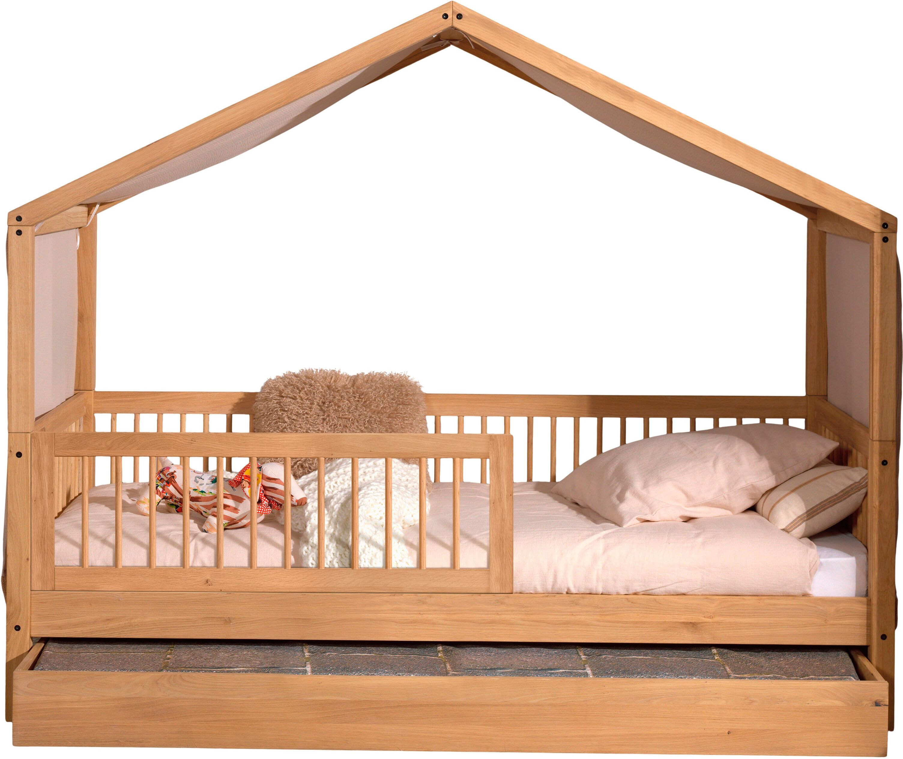 Hausbett VIPACK "Forrest mit Dachaufbau, Rausfallschutz vorne und Textilhimmel", braun (eiche natur geölt, eiche natur geölt, eiche natur geölt), B:97,5cm H:170cm L:207,5cm, Textilhimmel 100% Baumwolle, Betten, Hausbett, aus massiver Eiche geölt 90/200, w