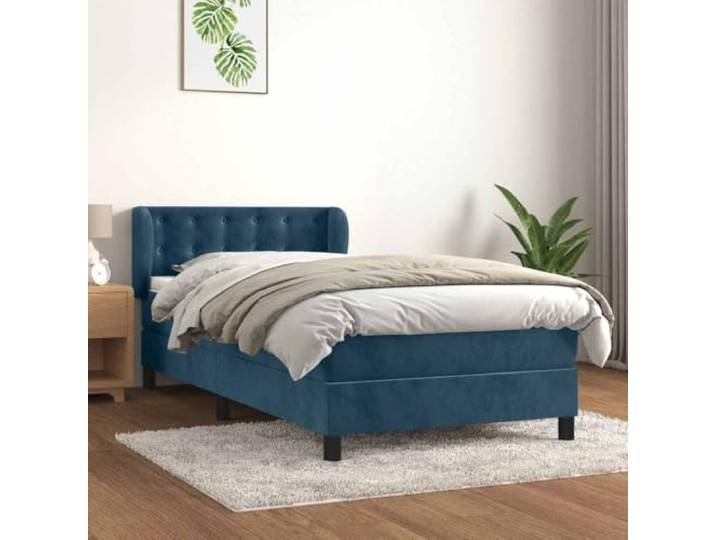 Samt Boxspringbett Taschenfederkern verstellbares Kopfteil Blau 90 x 200 cm Boxspringbett mit Matratze Dunkelblau 90x200 cm Samt Bett inklusive Topper Taschenfederkern Liegefläche Komfort