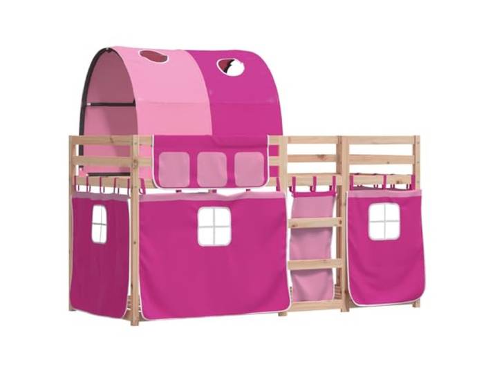 KTHLBRH Etagenbett, Rosa, 90 x 190 cm, Kiefernholz Mit Vorhang, Sicherheitswand 4 Seiten, Leiter inklusive, für Kinder ab 6 Jahren