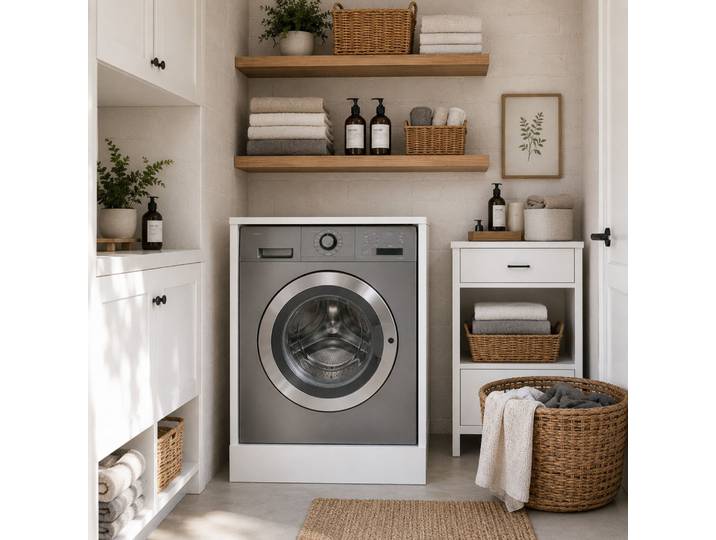 The White Stone Meuble Cache-lave-linge Blanc - Habillage Machine À Laver Gain De Place Buanderie - Meuble De Protection Lave-linge Pour Salle De Bain Et Buanderie