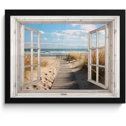 POSTER MIT RAHMEN Fenster - Meer - Küste - Natur - Ausblick - Strand - Wattenmeer 40x30 cm