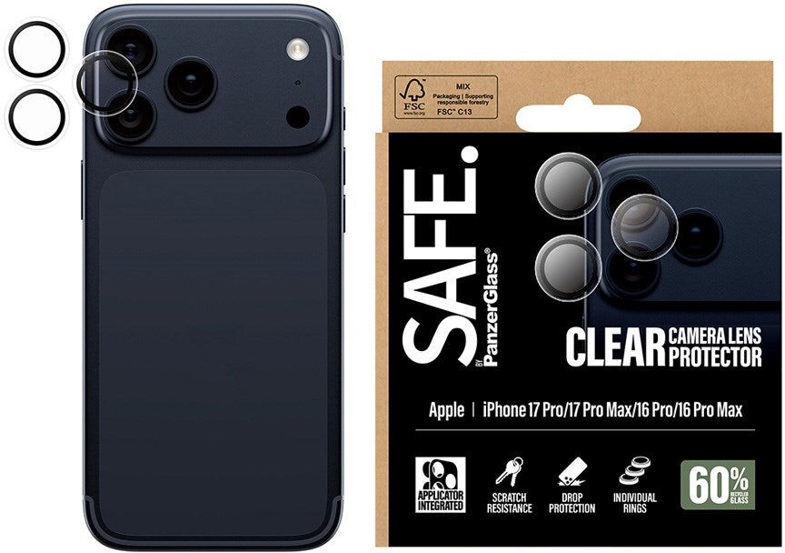 iPhone 17 Pro / 17 Pro Max / 16 Pro / 16 Pro Max Safe by PanzerGlass Kameralinsebeskyttelse - Hærdet Glas - Gennemsigtig / Sort