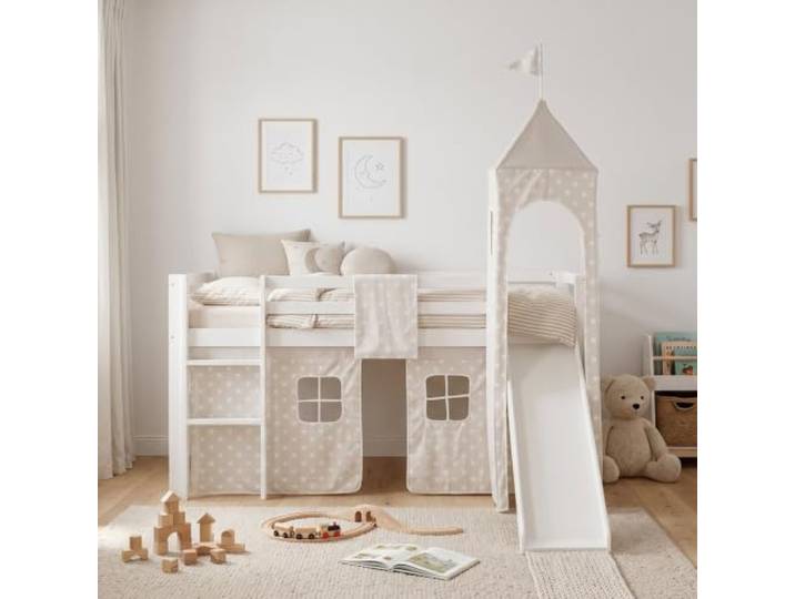 Homestyle4u Hochbett 90x200 - Kinderbett mit Matratze, Rutsche & Turm
