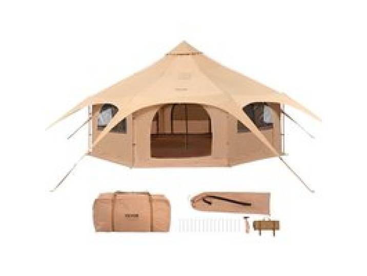 VEVOR Glockenzelt 5 x 2,8 m Jurten Zelt TC-Baumwolle und robusten Eisenstangen mit einer Bodenplane aus Oxford-Stoff Campingzelt Familienzelt 8 Fenster Gruppenzelt für Outdoor-Abenteuer