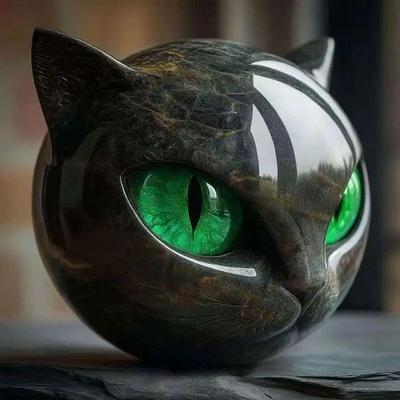 Inspire Select Luxury Black Cat Head Sculpture Marble Texture Resin Decor With Amber Eyes For Modern Home green