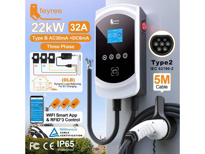 feyree Chargeur EV Type 2 32 A 22 kW 3P avec équilibrage dynamique de la charge, modèle EVSE Wallbox, fonctionnalité d’application Wi-Fi intelligente pour voitures électriques