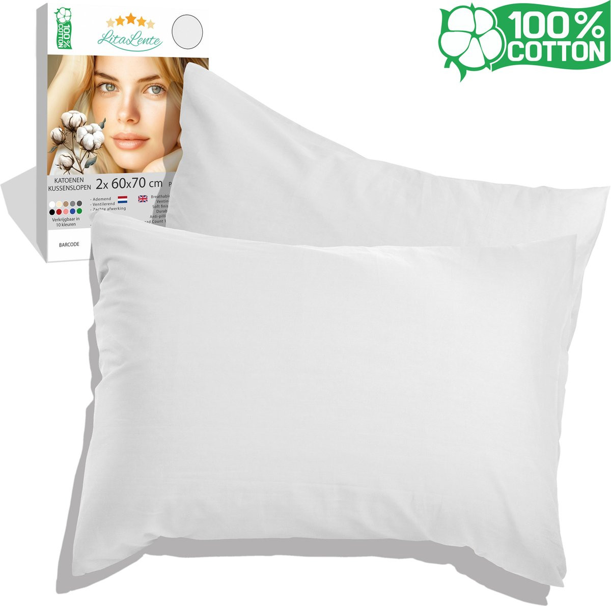 Litalente Set van 2 Antibacteriële Kussenslopen van Katoen - Wit - 60x70 cm