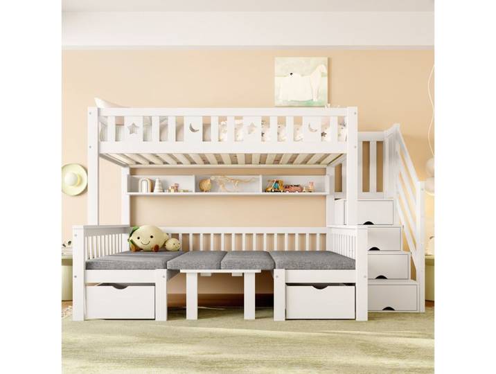 ROVRYN Lit mezzanine enfant 90 x 200 cm avec bureau rabattable escalier de rangement blanc