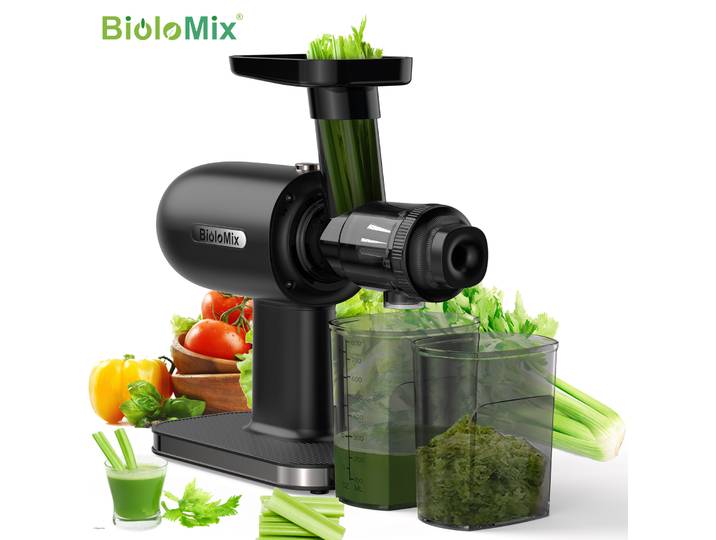 BioloMix – presse-agrumes à mastication lente, technologie de presse à froid avec fonction inversée, rendement élevé des jus, livré avec une brosse de nettoyage silencieuse