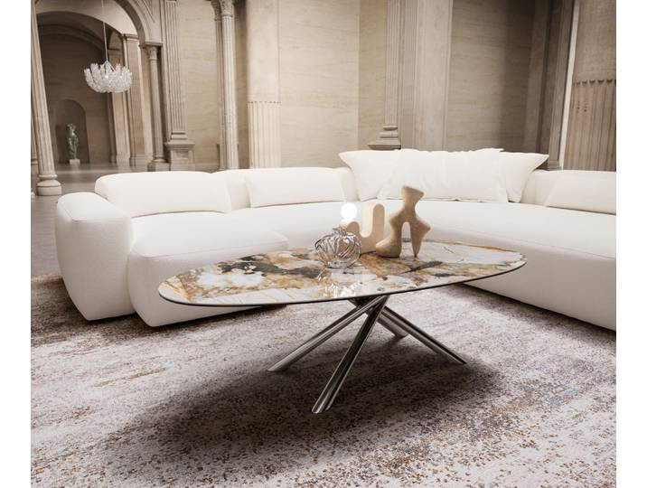 Couchtisch Edge Oval 140x75 cm Keramik Patagonia Poliert Sarity Metall Effektfinish Titan, Couchtische