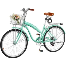 VEVOR Damenfahrrad 26 Zoll Cruiser-Fahrrad 150 kg 7-Gang Citybike Hellgrün, für Pendelfahrten Besorgungen und Strandfahrten, mit verstellbarem PU-Sattel, V-Bremsen, 50-kg-Gepäckträger und Werkzeugsatz