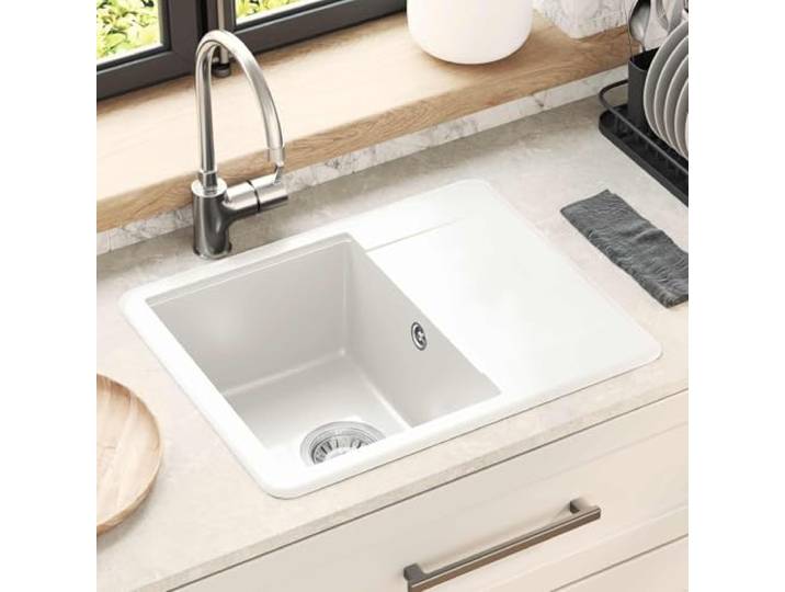 KGTKGTYER Küchenspüle Weiß, Einbauspüle 560 x 460 mm Granit-Optik Robustes Verbundmaterial, Hitzebeständig bis 280 C, Kratzfest & Fleckabweisend