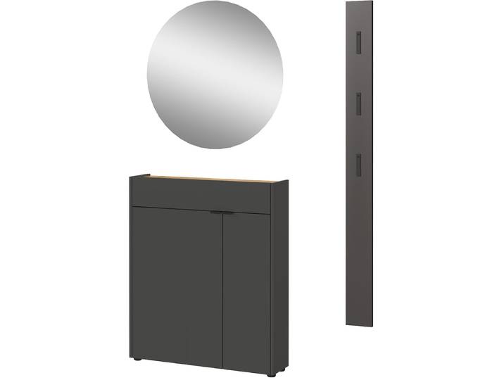 Garderoben-Set GERMANIA GW-Ameca , grau (graphit, navarra, eiche, nachbildung), B:113cm H:200cm T:22cm, Holzwerkstoff, Kastenmöbel-Sets, Garderoben-Set, Garderoben-Set beinhaltet: Schrank, Spiegel und Garderobenpaneel