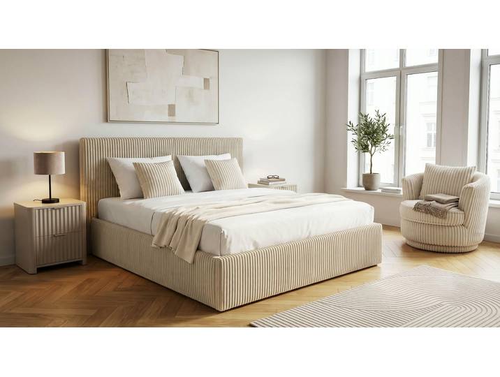 Polsterbett GOODPRODUCT AVVRA wahlweise mit Lattenrost und King-Matratze H3 (28cm) , beige, B:201cm H:118cm L:220cm, Betten, Polsterbett, mit flauschigen Breitcord-Bezug, Liegefläche 180x200cm