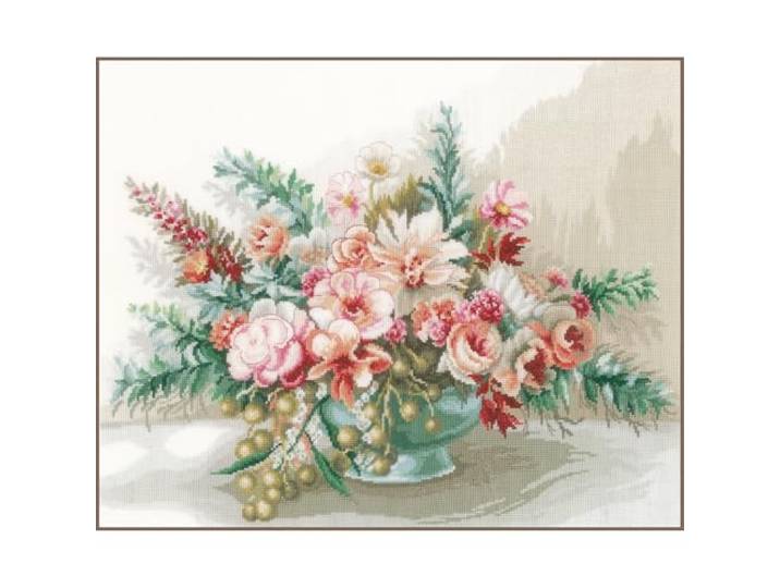 LANARTE Borduurpakket Kruissteek Schilderij BLOEMENBOEKET Handwerkpakket voor Wanddecoratie 45 x 37 cm Borduurwerk met Telpatroon DIY Kit Moderne Kruissteek Cadeau Knutselen Voor Volwassenen