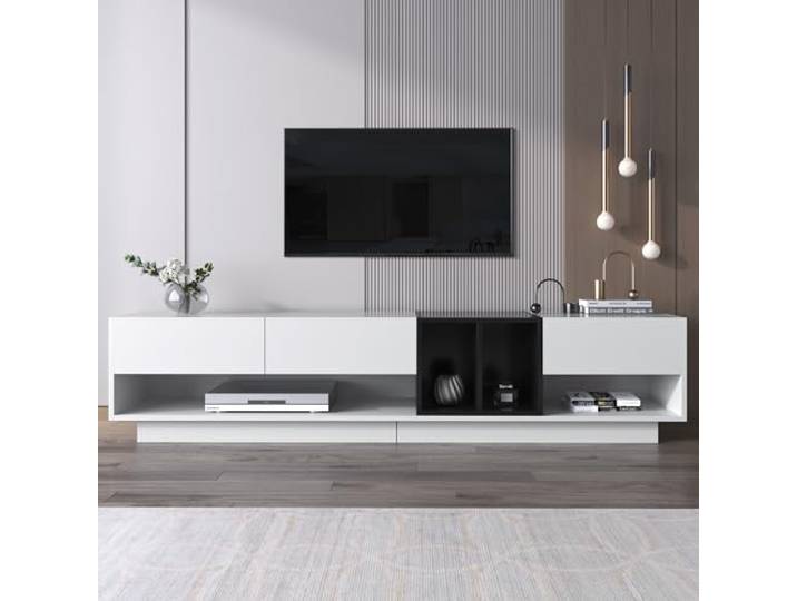 BTM TV-Schrank, 190 Lowboard, Kombination in Hochglanz-Weiß und Schwarz. Farbblockierendes Design, Schubladen, Fächer, mehrere Stauräume.
