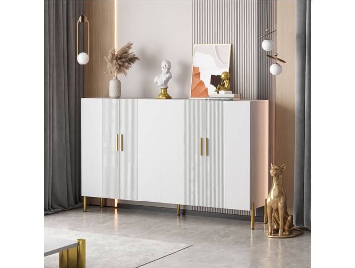 MEULVA Buffet haut 4 portes 160 cm blanc mat avec étagères réglables poignées et pieds métalliques dorés