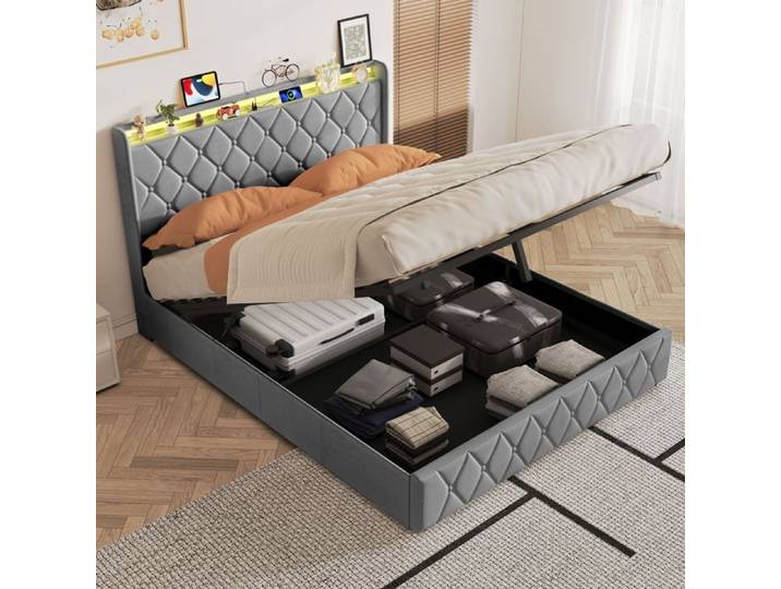 Lit coffre - URBANLUXE - Lit coffre 140x200 cm - Rangement hydraulique - Tissu velours gris - LED intégrée