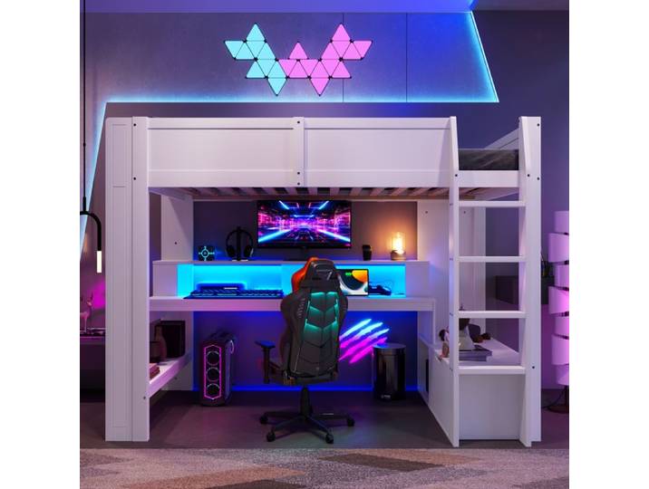 Lit mezzanine - KOMHTOM - Gaming - 90x200 cm - Bois massif - Bureau et tiroir