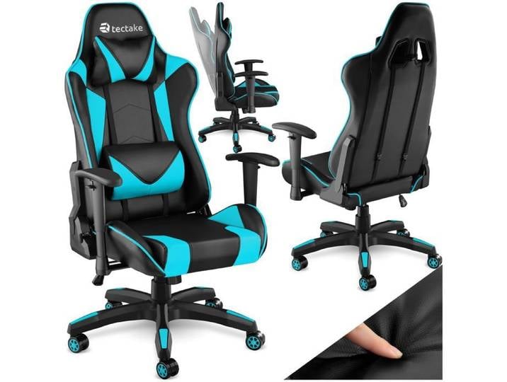 FAUTEUIL DE BUREAU - TECTAKE - Chaise gamer TWINK Forme ergonomique Rotative à 360 ° et réglable en continu en hauteur - Noir/Azur