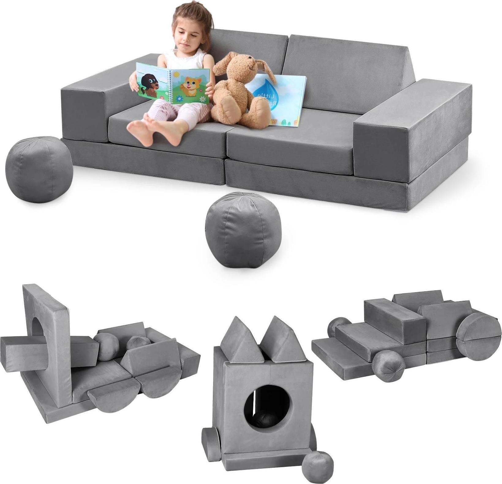Kinderspielsofa - 12-teiliges Modulsofa Set - Ausklappbar und wandelbar - Weicher Schaumstoff - Mit Bällen und Tunnel - Kunststoffrahmen - Einfache Montage - Hellgrau