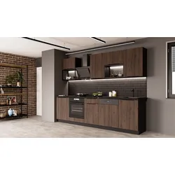 Küche MONZA BASIC LOFT 280 Küchenzeile Küchenblock Einbauküche Nussbaum Schwarz