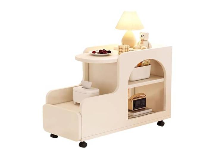 KAMPCO Weißer Beistelltisch mit Schublade, Sofa-Beistelltisch aus Holz mit Ablageflächen, schlanker Nachttisch für kleine Räume, Wohnzimmer, Schlafzimmer